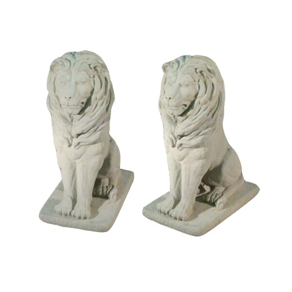 Set of 2 Regal Sitting Lion Cast Stone Concrete Outdoor Garden Statues - N/A