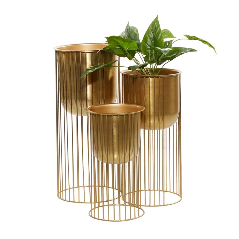 Gold Metal Deep Recessed Dome Indoor Outdoor Planter with Elevated Caged Stand (Set of 3)