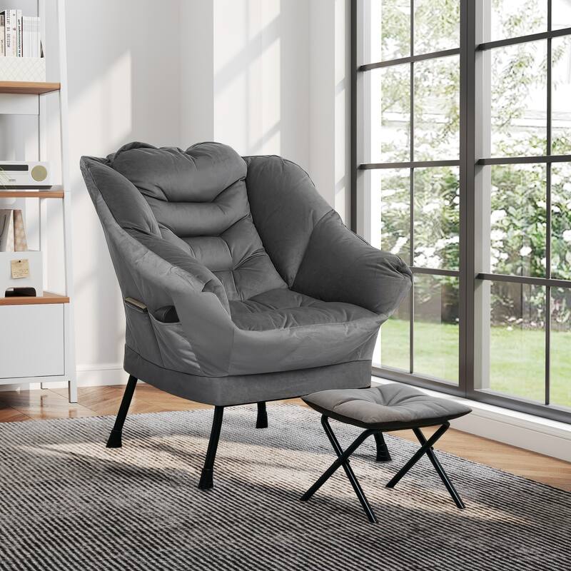 Velvet Lazy Chair with Ottoman, PP Cotton Padding and Storage