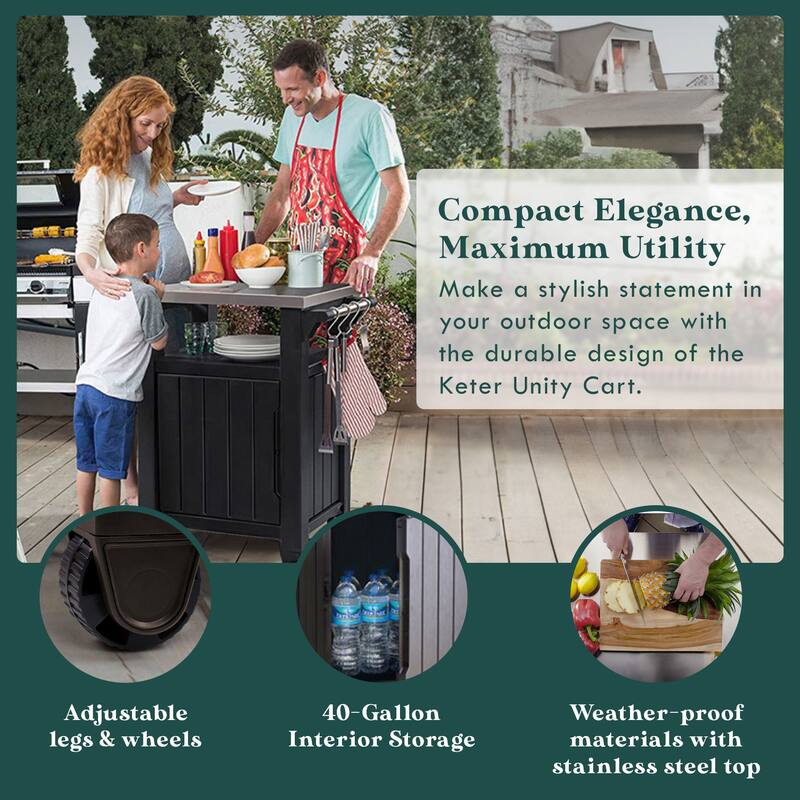 Keter Unity 40 Gallon Stainless Steel Top Storage Grilling Bar Cart (Set of 2) - 32.2