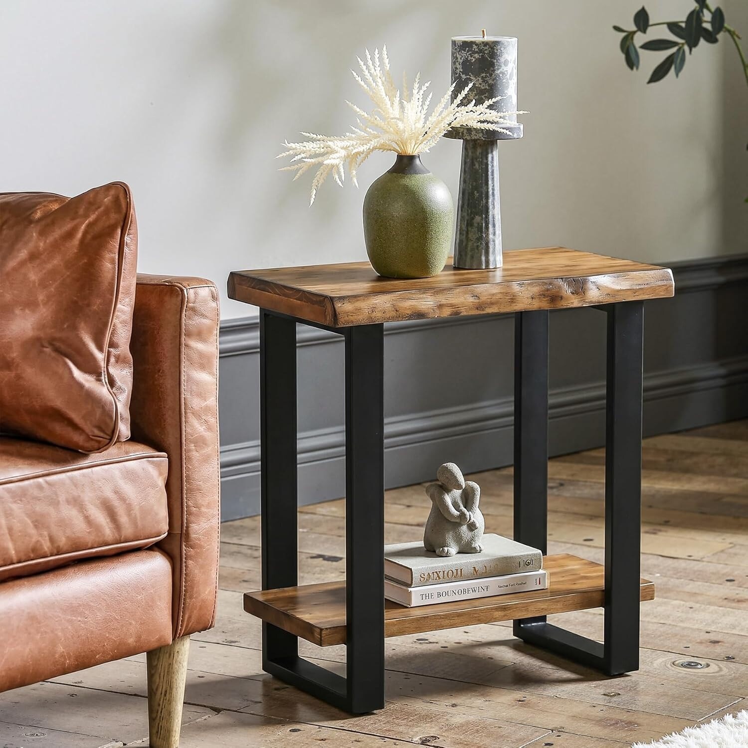 2-Tier Solid Wood End Table, Industrial Pine Wood Side Table with