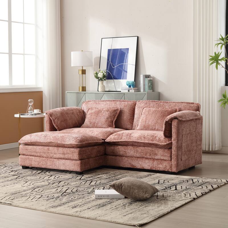 76'' Oversized Chenille Loveseat Sofa with Movable Ottoman Small Sofa for Apartment - Pink