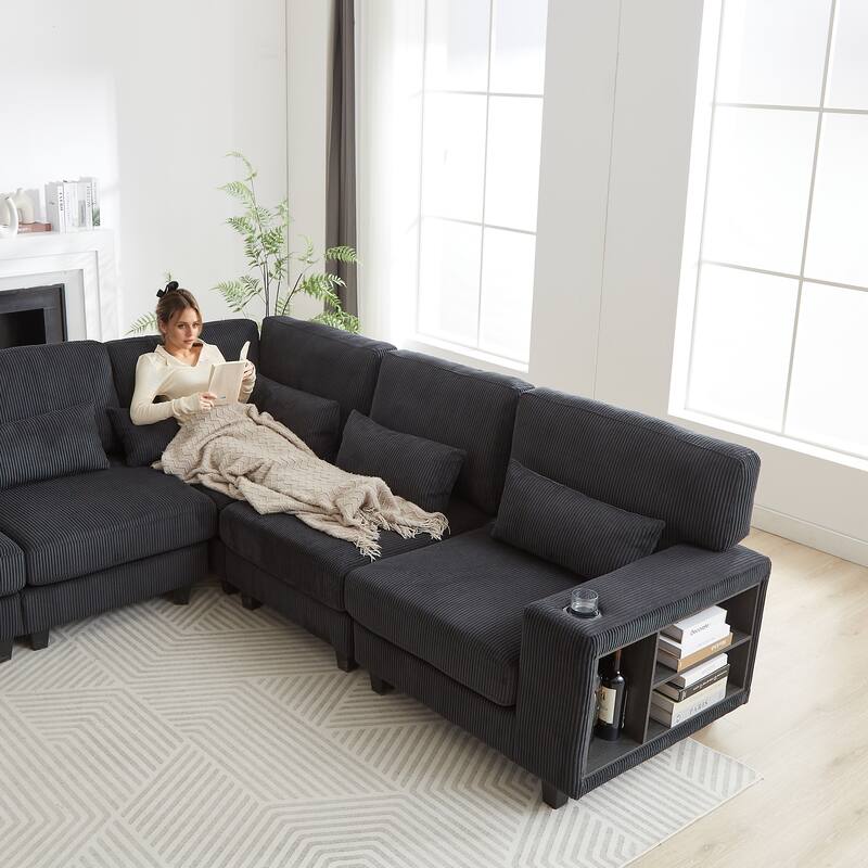 102.75" Corduroy L-Shaped Modular Sectional Sofa with Storage