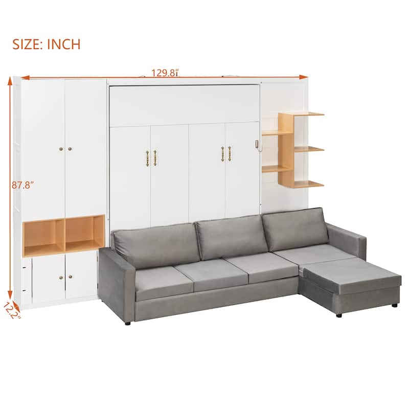 Queen Murphy Bed with Sofa and Cabinets Space Saving Sofa Wall Bed with Open Shelves and Dual Lights for Living Room Guest Room