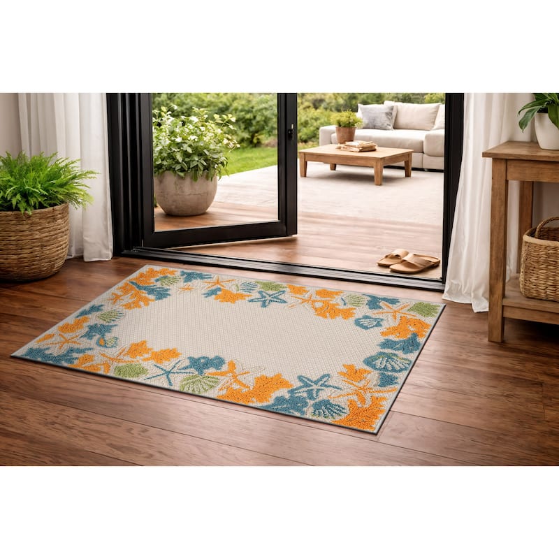 World Rug Gallery Indoor/Outdoor High-Low Textured Area Rug, Coastal Border Easy-Clean Patio Rug - 2' x 3' - Multi