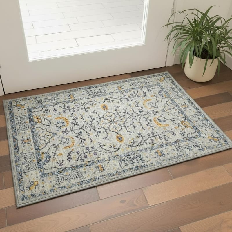 HomeRoots 2' X 3' Ivory And Yellow Oriental Distressed Area Rug - 36.00 in. x 24.00 in. x 0.38 in.