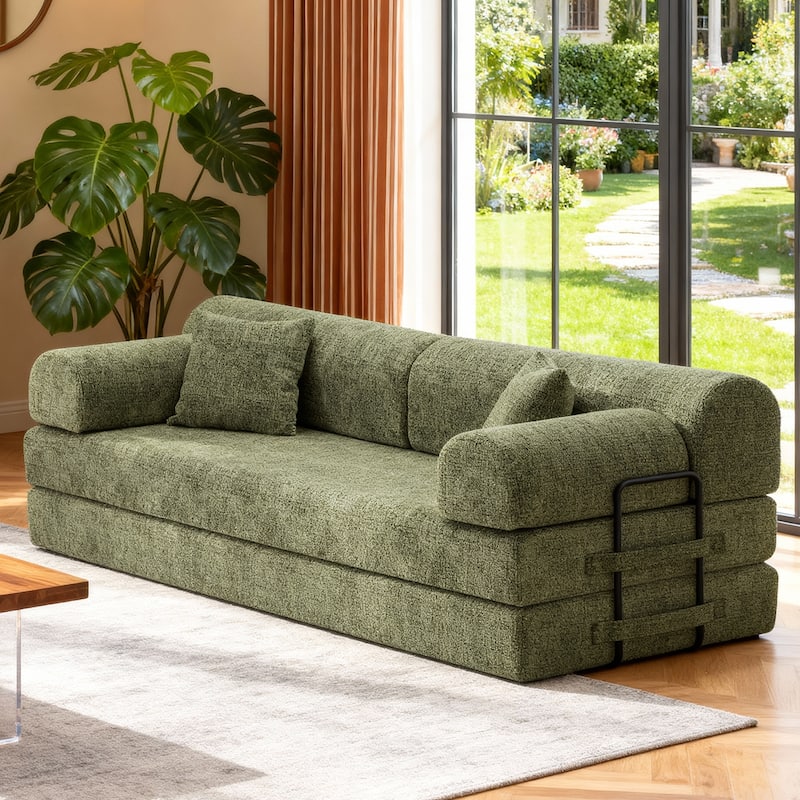 Convertible Sleeper Sofa Bed with Cylindrical Pillow, Corduroy Folding Mattress Couch, Floor Sofa Lounge Couch for Bedroom - Green