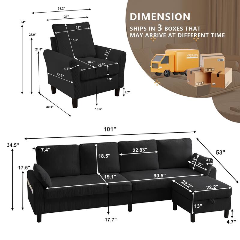 101"Corduroy 3 Piece Living Room Set Including 4 Seater Sofa ,Storage Ottoman and Chair