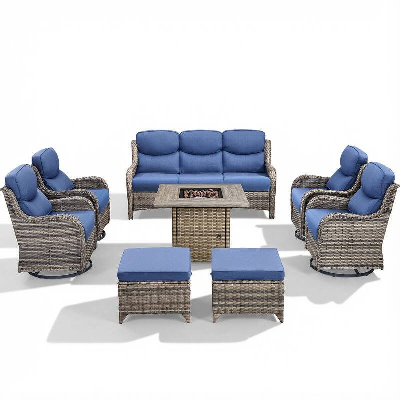 Pocassy Outdoor Propane Fire Table w/ Sofa Swivel Chair Ottoman Funiture Set.