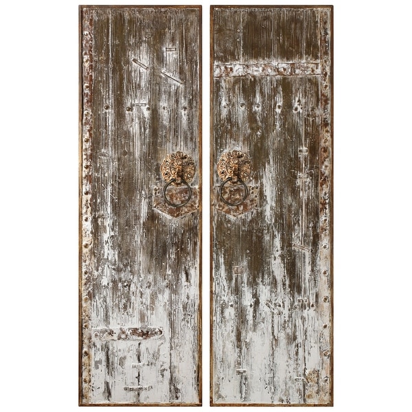 Set of 2 Rustic Antiqued Wood Doors Hanging Wall Art 60” - N/A