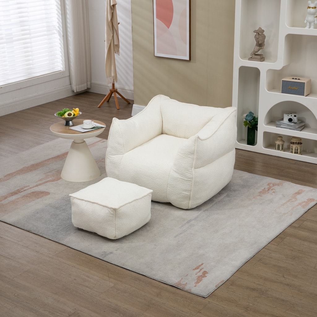 Boucle Upholstered Deep Seat Armless Square Bean Bag Chair with Ottoman