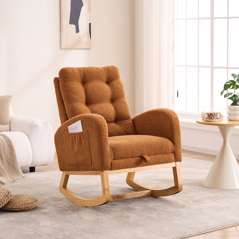 Accent Rocking Chair with Footrest & Storage Pocket, High-Back Rocker, Rubber Wood Lounge Chair - Caramel