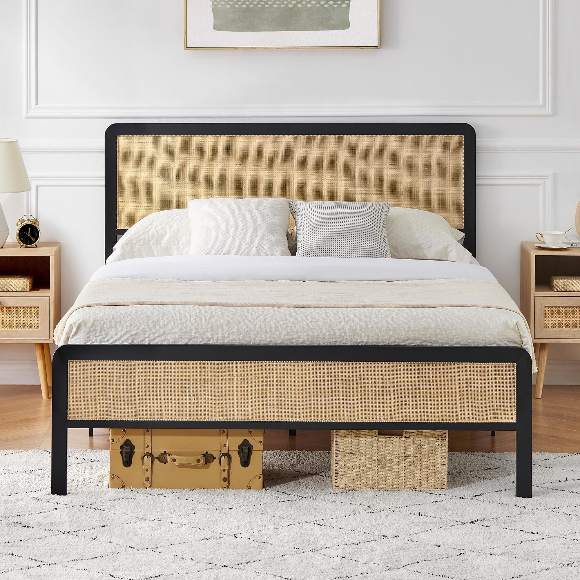 Boho Style Bed Frame with Rattan Headboard