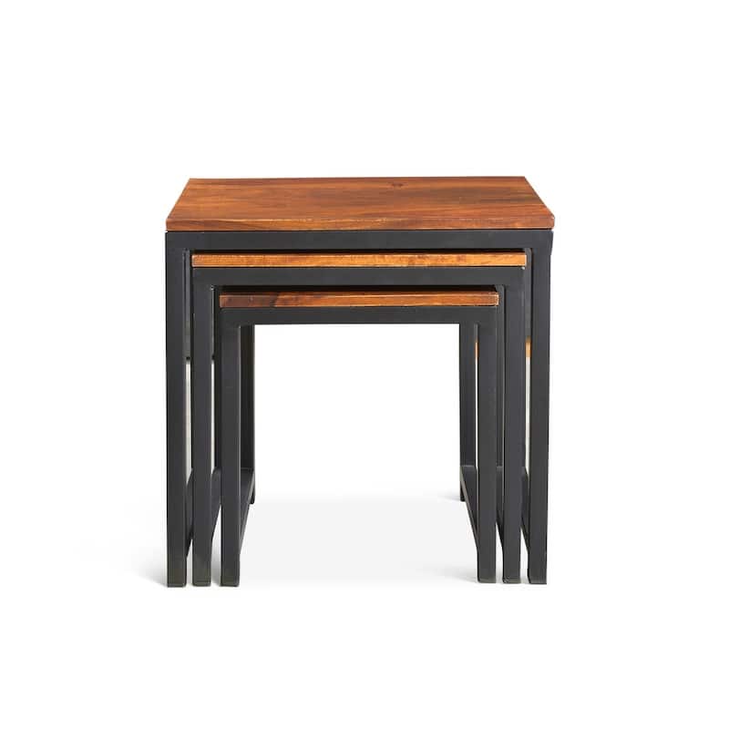 Handmade Reclaimed Seesham Wood and Iron Nesting Table, Set of 3 (India) - Largest table: 21.75"W x 15.75"D x 24"H