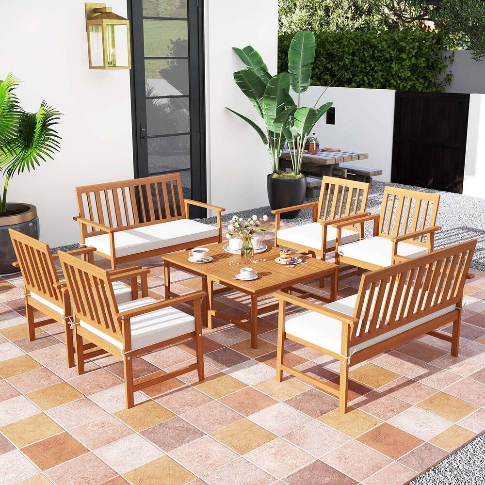 Costway 4/8 PCS Acacia Wood Furniture Set Coffee Table & 2 Armchairs