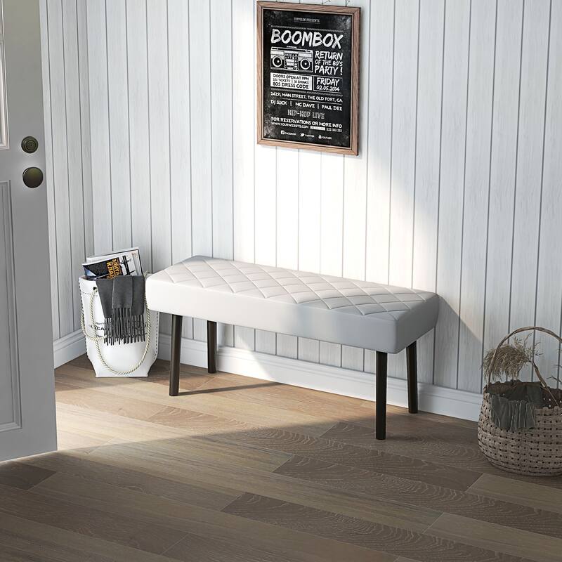 Gray Faux Leather Ottoman Bench with Diamond Pattern Steel Legs End of Bed Entryway Seating Durable Easy Clean