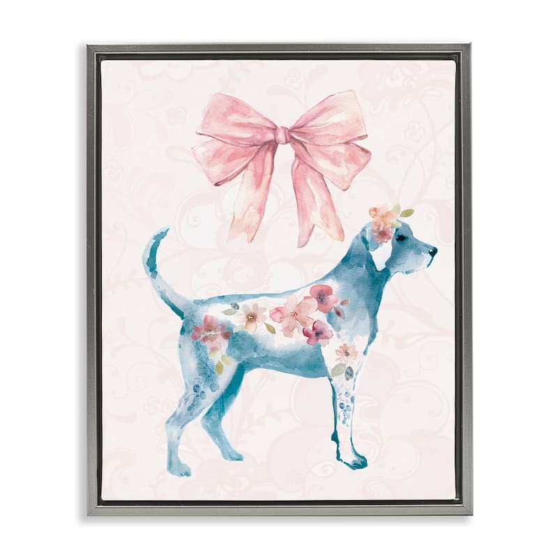 Stupell Floral Dog with Pink Ribbon Framed Floater Canvas Wall Art Design By Carol Robinson - 17 x 21 - Grey