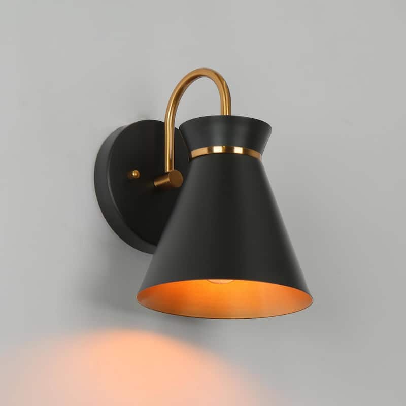 Modern Industrial 1-Light Black Gold Wall Sconce Lighting with Metal Shade - 6" L x 7" W x 8.5" H