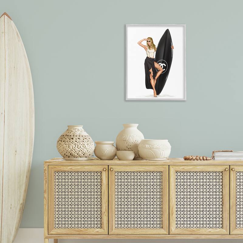 Stupell Trendy Surfer Girl in Black Framed Giclee Art Design By Ziwei Li