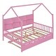 preview thumbnail 23 of 52, Semi-enclosed Wooden House Bed Frame with Pull Out Trundle Bed and Side Storage Shelf for Kids, Teens - No Box Spring Needed