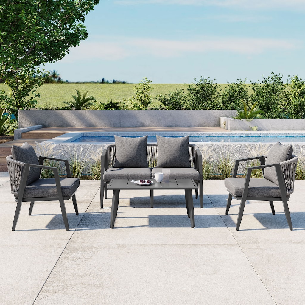 Durable Outdoor Seating Set with Iron Frame Cushions and Table for Patios Lawns and Poolsides Gray