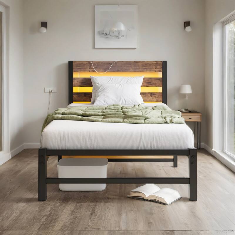 Twin Size LED Platform Bed with USB Charging Station and Steel Slats