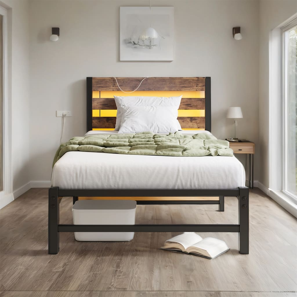 Twin Size LED Platform Bed with USB Charging Station and Steel Slats