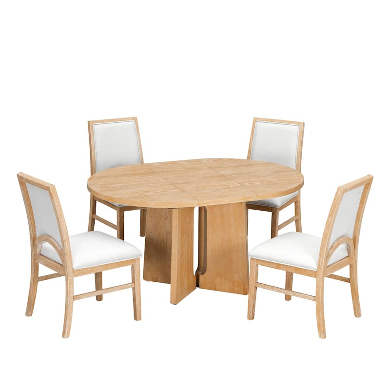 Round Dining Table Set for 4 with Extendable Top and Comfortable Upholstered Chairs for Family Meals