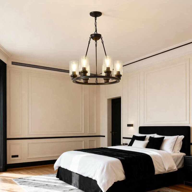 6-Light Black Wagon Wheel Chandelier With Light(No Bulbs) For Bedroom Bathroom--E26