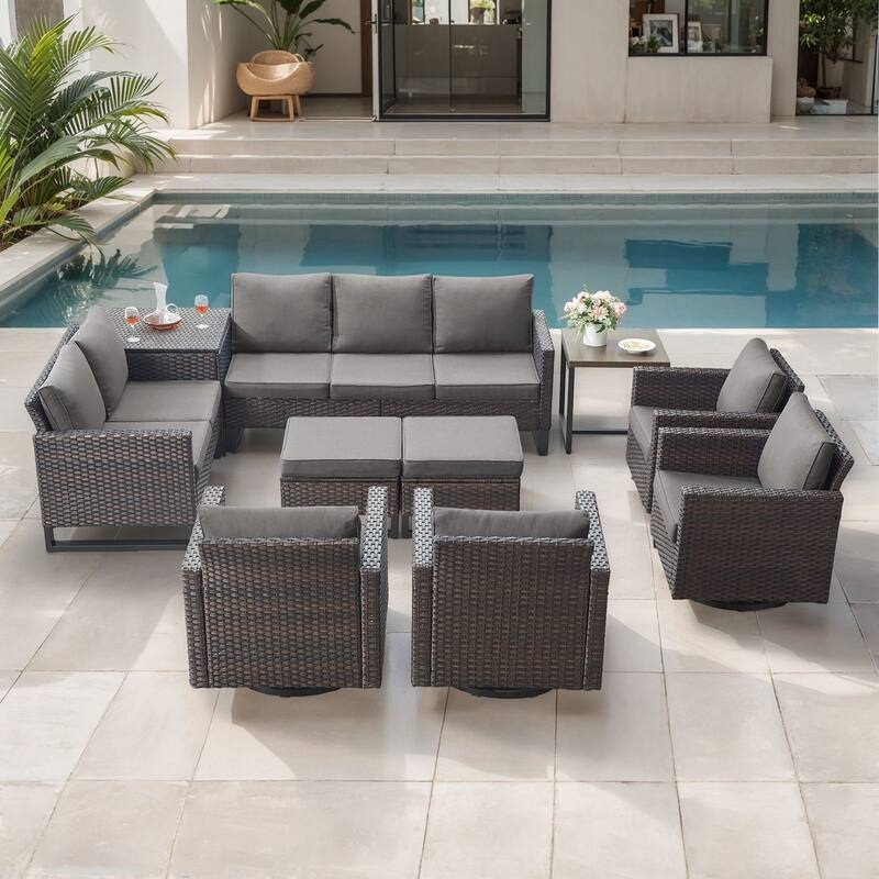 Gymojoy 9 Person Outdoor Patio Wicker Family Conversation Set Group With Swivel Chairs And Storage - Brown Wicker / Gray Cusion - 10-Piece