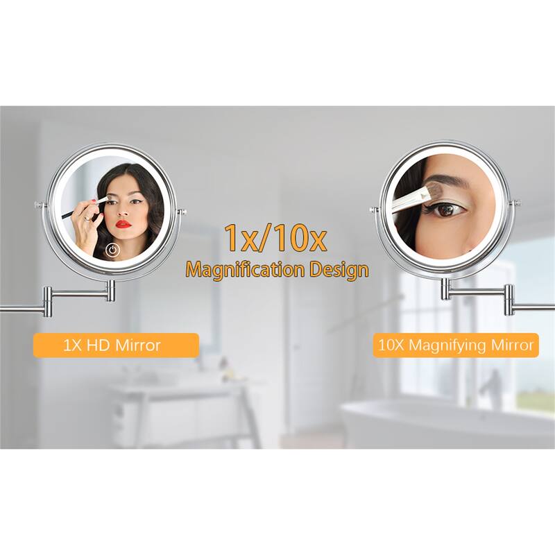 Wall Mounted Makeup Mirror Lighted 10X Magnifying 8" 3 Color Mode