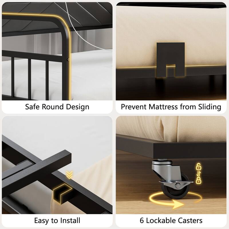 Javlergo Black Metal Daybed with USB Charging Pull-Out Trundle PU Leather Storage Headboard Space-Saving Sleeper Sofa Bed