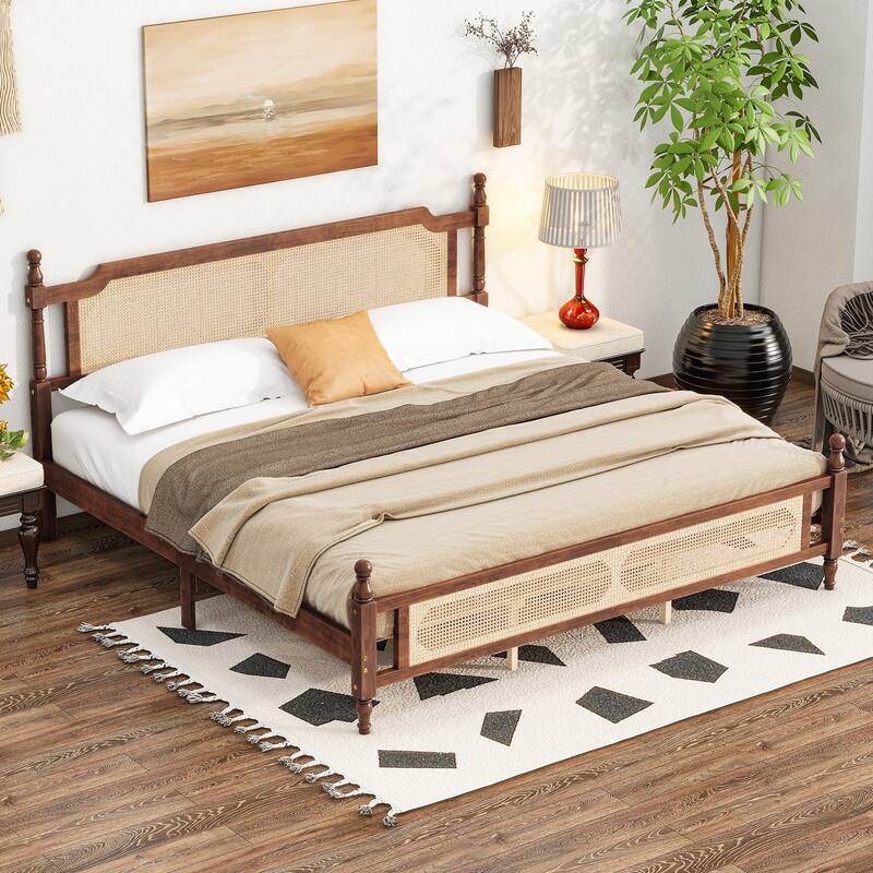 King Pine wooden Bed with Rattan Headboard and Footboard, with Central Enhanced Bed Platform - Walnut