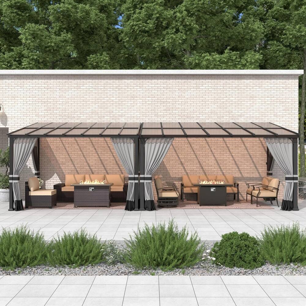 Wall Mounted Gazebo, Hardtop Permanent Outdoor Shade Canopy with Curtains for Deck, Backyard, Patio