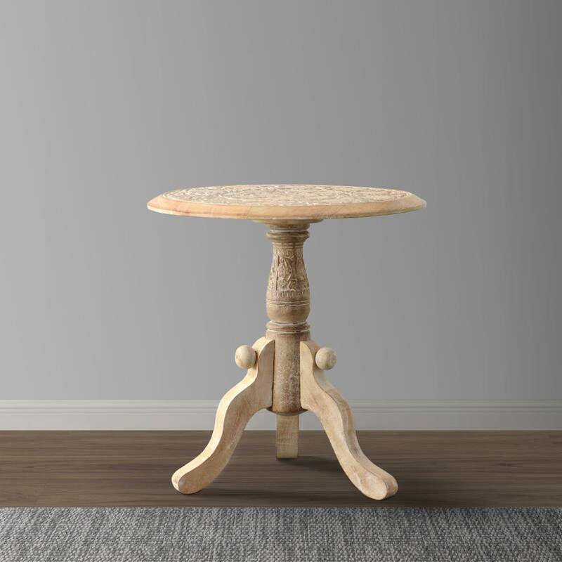 Intricately Carved Round Top Mango Wood Side End Table with Pedestal Base, Brown and White - 18 H x18 W x18 L