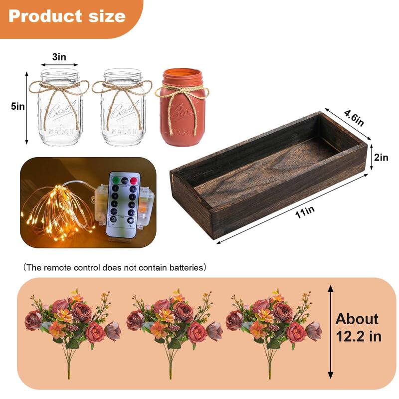 3 Pack Mason Jar Centerpiece with LED Lights & Wooden Tray, Farmhouse Floral Centerpieces for Dining Table, Coffee Table