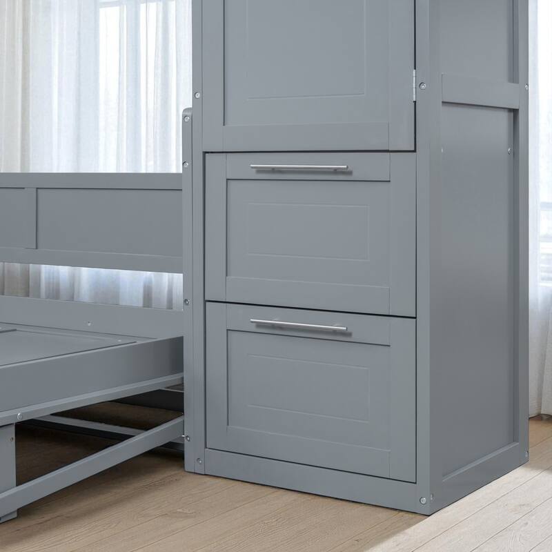 Queen Size Murphy Wall Bed with Closet and Drawers, Space Saving Foldable Bed with Storage Cabinet and Wardrobe