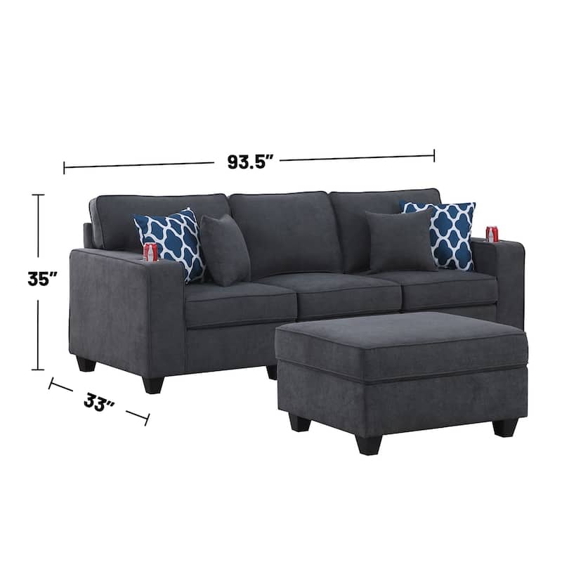 Woven Upholstered Sofa with Ottoman in Stone Gray