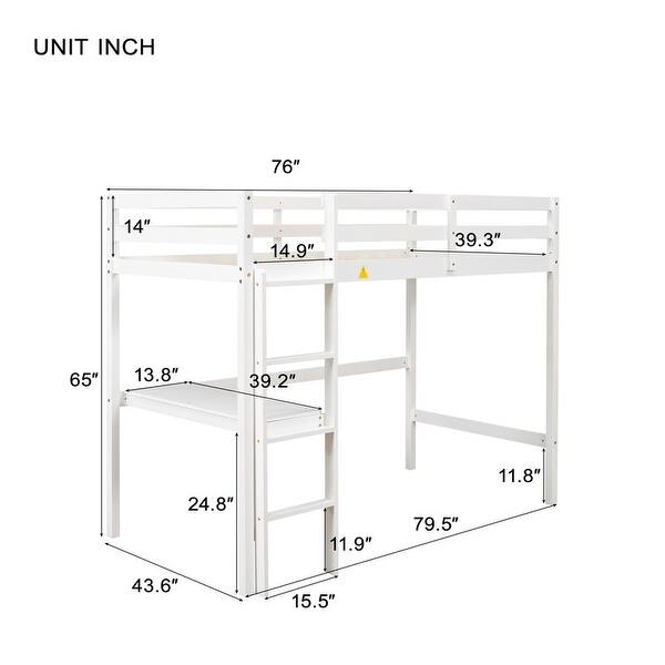 dimension image slide 2 of 3, Loft Pine Wood Bed Frame with Safety Guardrail,Built-In Desk,Ladder,Twin Size