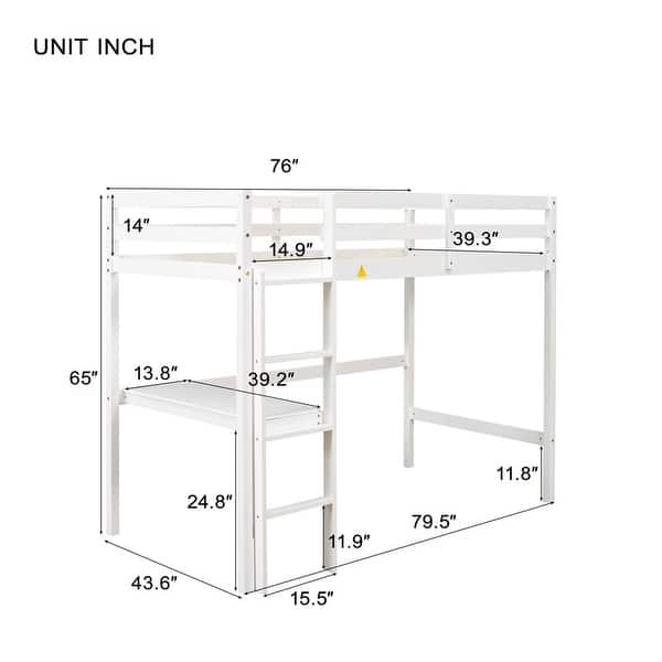 dimension image slide 4 of 5, Modern Solid Wood Loft Bed with Built-in Desk, Safety Ladder