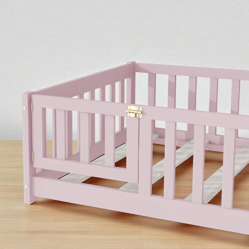 Twin Size Floor Bed with Fence and Door, Rubber Wood Frame with Safety Guardrails