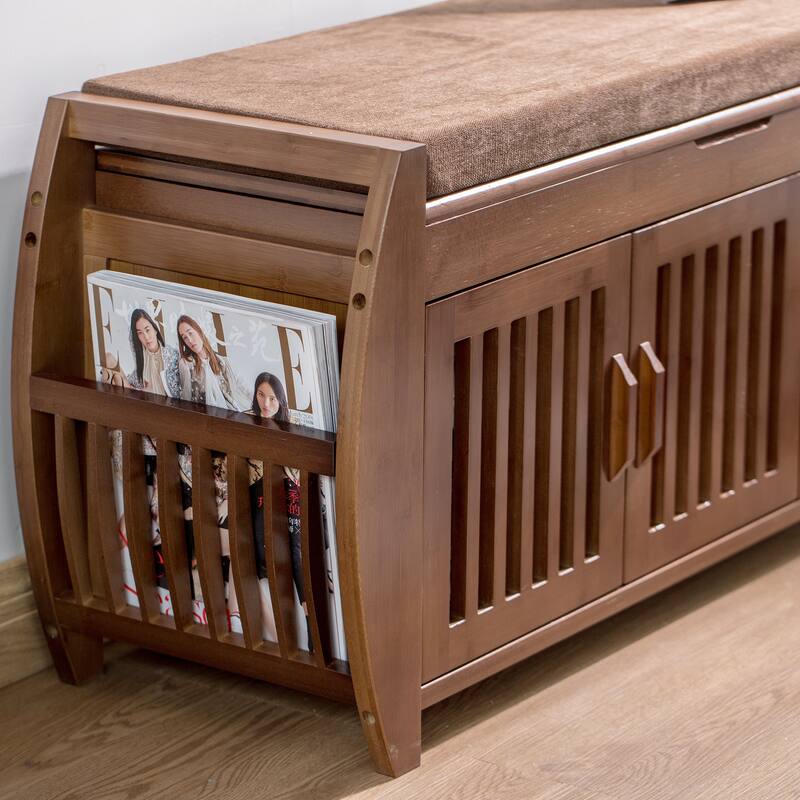 Bamboo Shoe Storage Bench with Storage Space and Padded Seat Cushion, for Entryway, Living Room, Bedroom, Brown