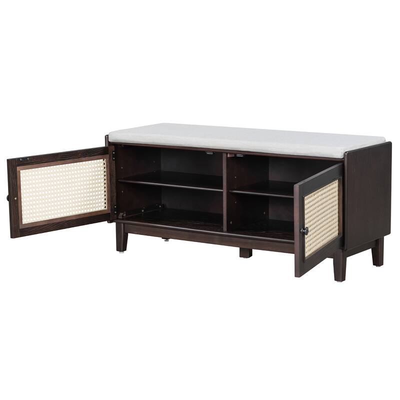 Roomfitters Entryway Storage Bench, Boho Rattan Cabinet, Hallway Organizer Seat with Cushion