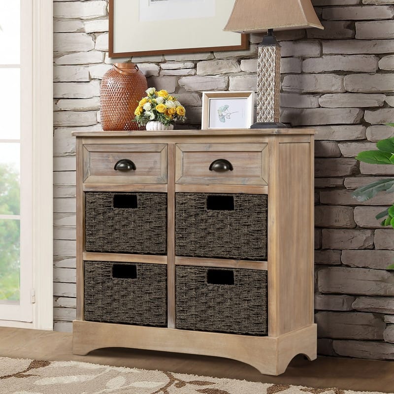 28'' Wood Storage Cabinet with 2 Drawers and 4 Rattan Basket - Natural