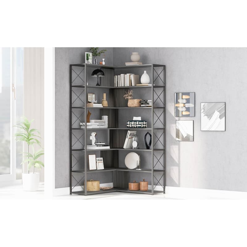 Industrial 7-Tier Bookshelf, L-Shaped Corner Bookcase with Metal Frame