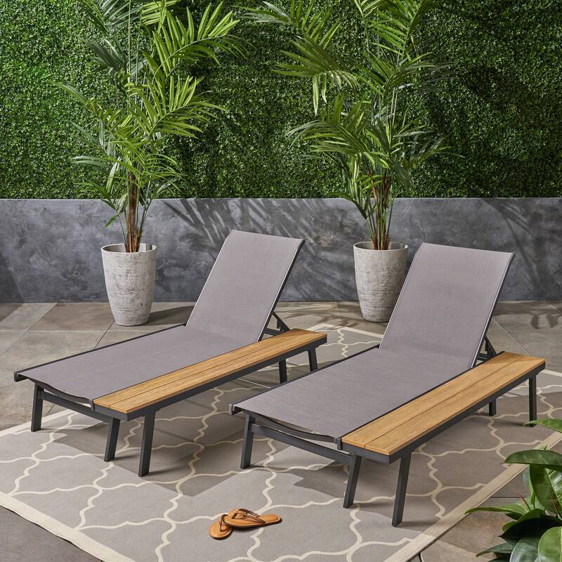 2 Piece Outdoor Chaise Lounges Set Mesh Seats with Adjustable Backrest and Attached Wood Side Table