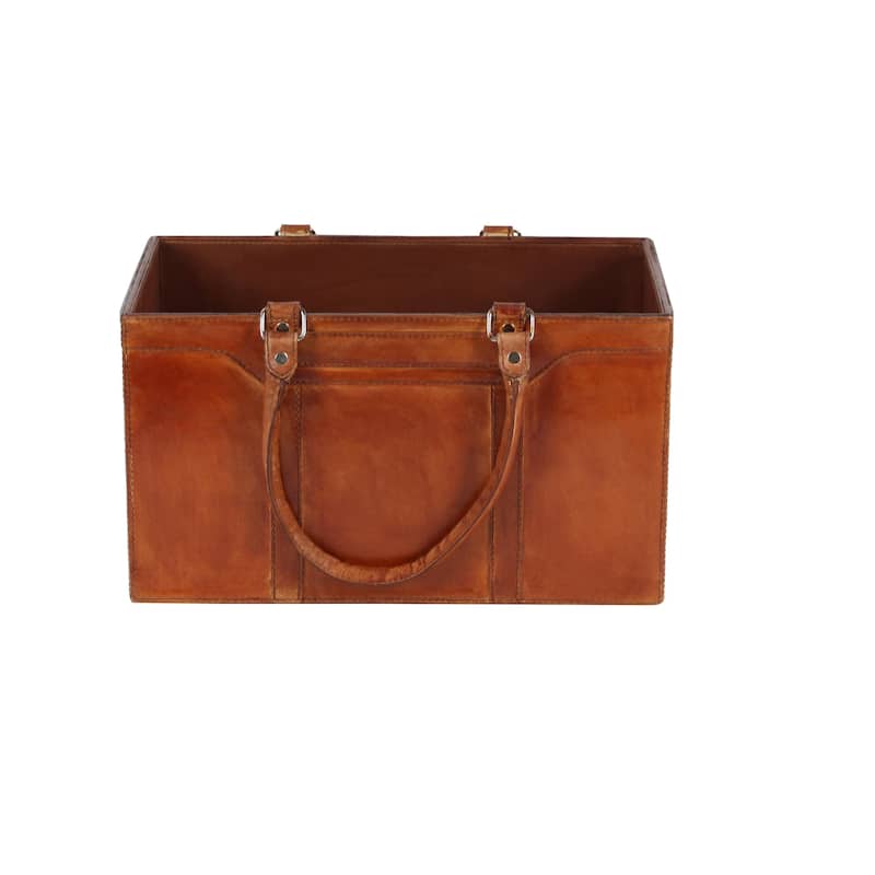 Leather Handmade Box Style Single Slot Magazine Holder with Detail Stitching and Curved Handles - Brown - Roche River Decor - Brown