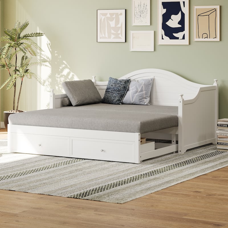 Twin-Size Wooden Daybed with Extendable Feature and Storage Drawers - Convertible Sofa Bed for Living Room or Guest Room.