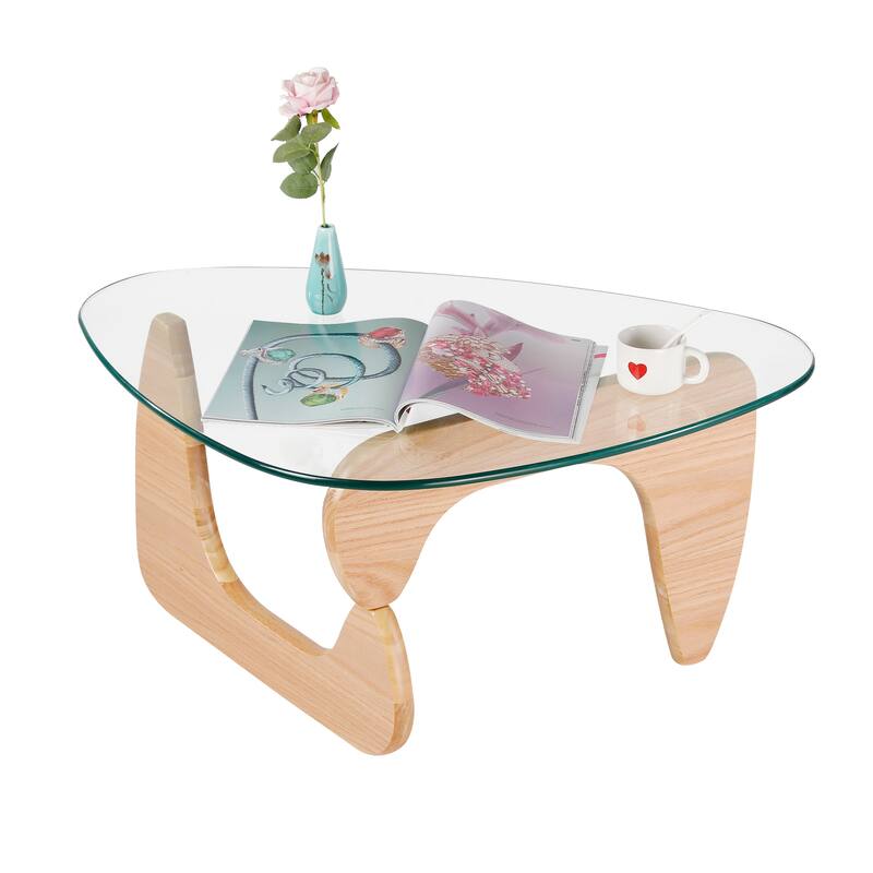 Modern Triangle Clear Glass Coffee Table with Wood Base