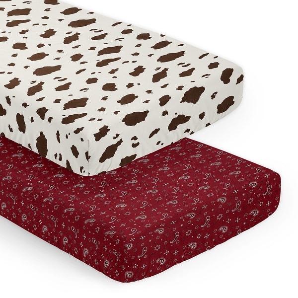 slide 2 of 6, Wild West Collection Boy Girl 2 Pack Fitted Crib Sheets Gender Neutral Southern Cowboy Country Red Brown Cream Off White Animal